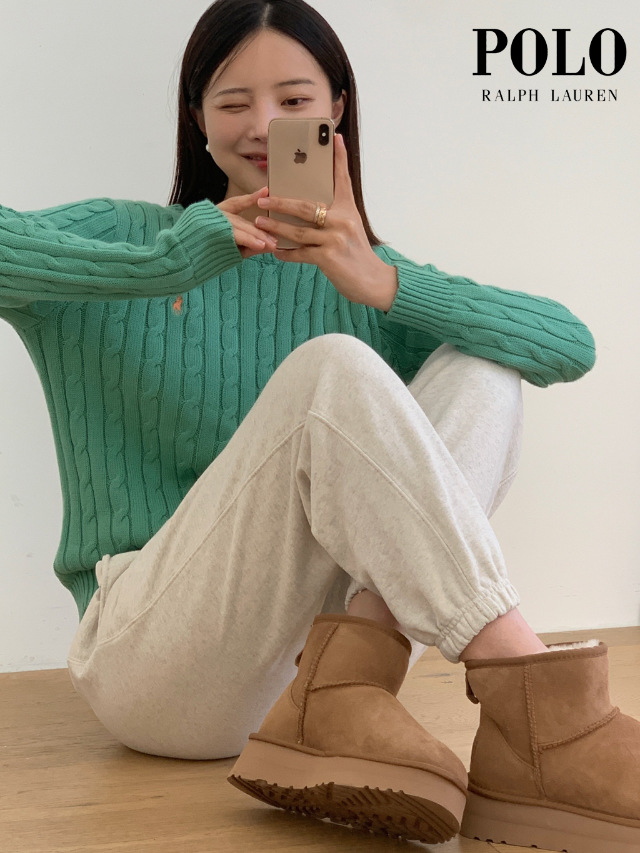 여성용 라운드넥 케이블 니트 코튼 스웨터