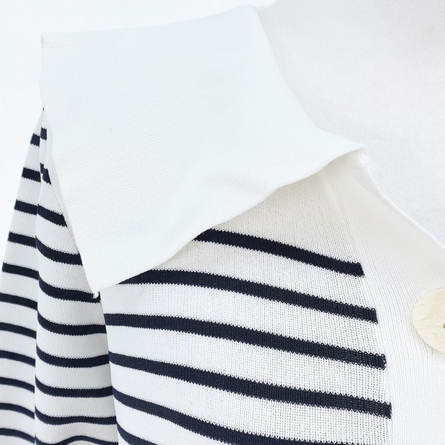 [빈티지] 화이트 스트라이프 카라 반팔 니트