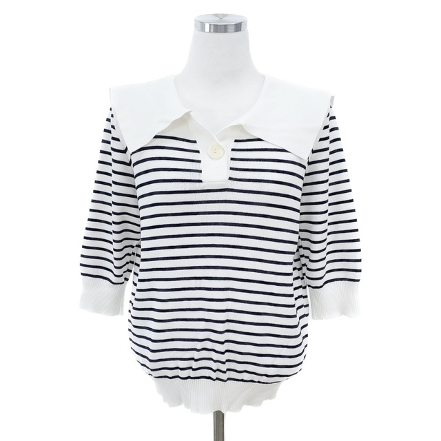 [빈티지] 화이트 스트라이프 카라 반팔 니트