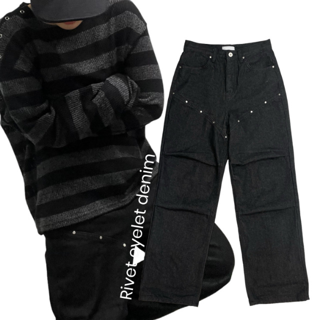 리벳 아일렛 생지 데님 팬츠